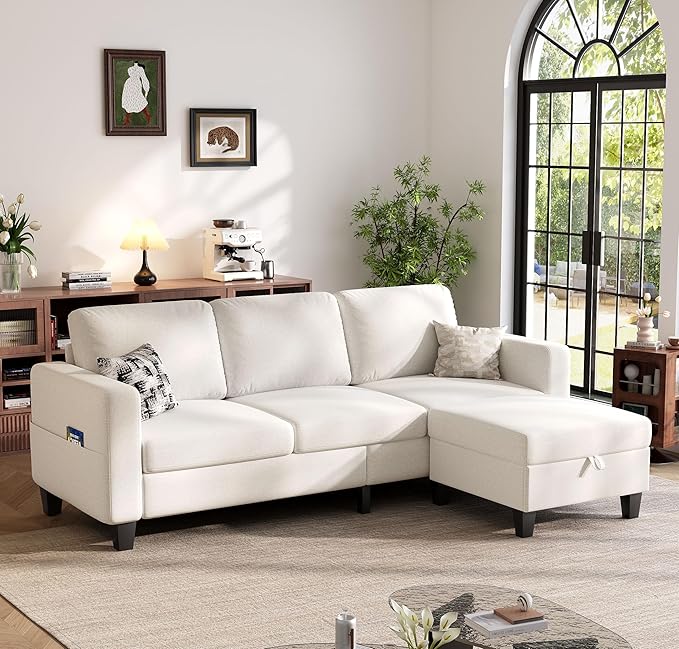 Sectional Sofa and Couches for Living Room 78'' Beige 3 Seat L-Shaped Couch with Movable Ottoman Comfy Linen Convertible Sectionals Sofas with Chaise for Apartment Dorm Small Space