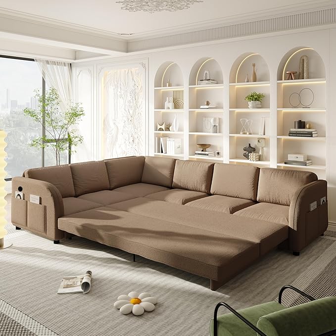 KEIKI 115 L-Shaped Sectional Sleeper Sofa for Home Office &amp Lounging Pull-Out Bed Couch with Reversible Left/Right Chaise USB Port &amp Side Storage
