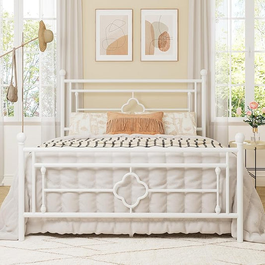 Allewie Full Size Metal Platform Bed Frame with Victorian Vintage Headboard and Footboard/Mattress Foundation/Under Bed Storage/No Box Spring Needed/Noise-Free/Easy Assembly White