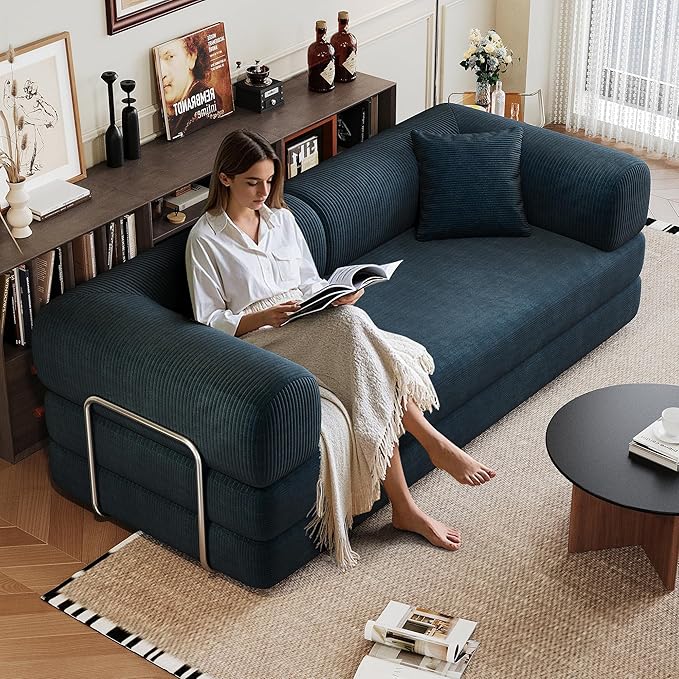 79 Convertible Sleeper Sofa Bed Modern Corduroy Floor Couch Bed with Silver Fixed-Shape Frame Modular Sofa with Pull Out Bed Loveseat Sleeper Boneless Couch for Living RoomBlue