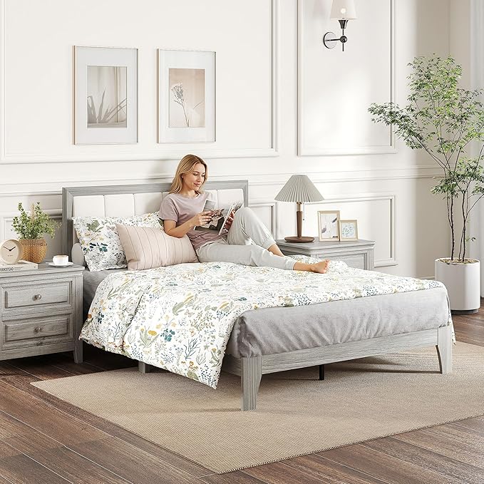 HOMCOM Full Size Bed Frame with Upholstered Headboard Platform Bed Frame with Wooden Slats No Box Spring Needed Easy Assembly Gray
