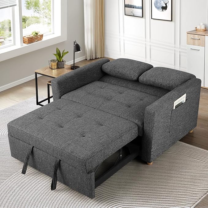 SEJOV Sleeper Sofa 3-in-1 Convertible Pull Out Couch Bed Futon Sofa Linen Fabric Loveseat with 2 Pillows and Adjustable Backrest Chaise Lounge for Small Spaces Apartment Dorm Office Black