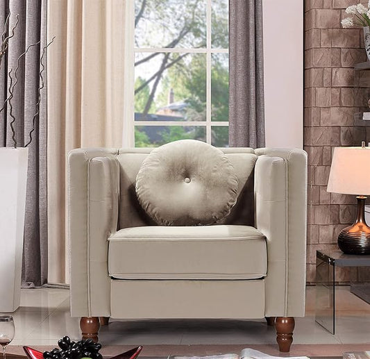 Lexie Velvet Upholstered Mid Century Modern Style Cozy Reading Side Club Arm Sitting Accent Chairs for The Bedroom Living Nursery Kids Room and Home Office Ivory