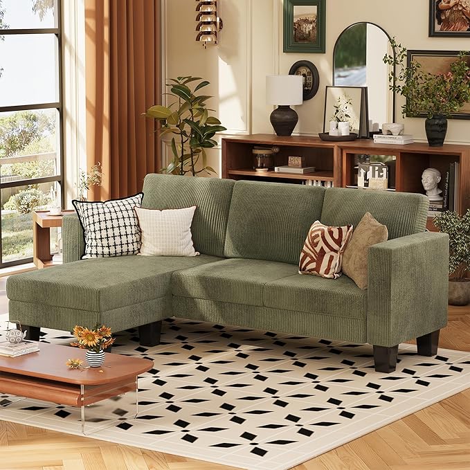 VICTONE Convertible Sectional Sofa Couch 3 Seat L-Shaped Sofa with Linen Fabric Ottoman Small Couch for Small Apartments Living Room and Office (Corduroy Green)