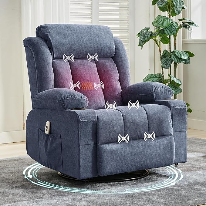 360° Swivel Rocker Recliner Chair with Heat and Massage 3 Positions USB Ports Side Pockets Cup Holders for Living Room Bedroom Blue
