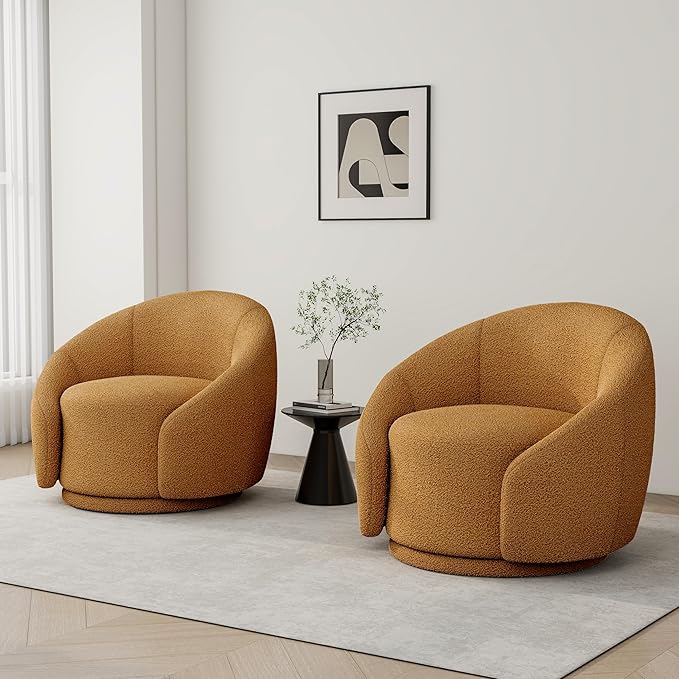 Swivel Barrel Accent Chair 360° Small Round Sofa Chair Comfy Modern Reading Armchair for Living Room Bedroom (Boucle Rusted Orange Set of 2)