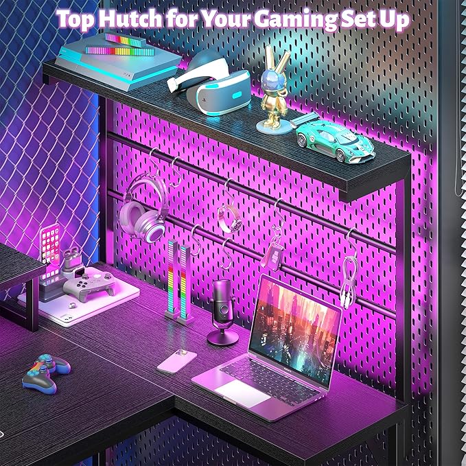 EnHomee 52.2'' Gaming Desk with LED Lights &amp Fabric Drawer L Shaped Computer Desk with Ergonomic Monitor Stand Reversible Office Desk with Hutch &amp Power OutletCorner Desk with HooksBlack