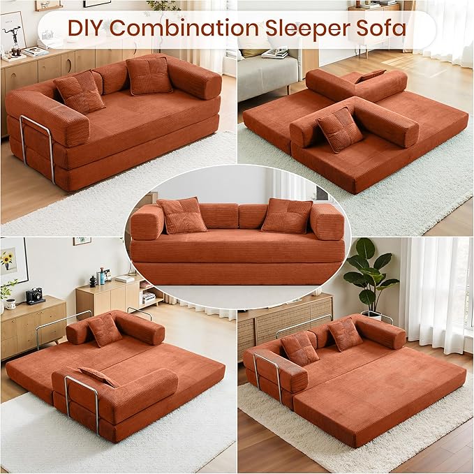Compression Sofa - 78''Convertible Floor Sofa Bed - with Pillow Back Support Armrest - Comfy Foldable Sofa Bed Compressed Sofa in Box - Corduroy Fabric - for Living Room - Bright Orange