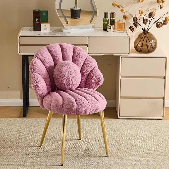 Vingli Shell-Shaped Teddy Fleece Accent Vanity Chair With BackComfy Purple and Gold Desk Chair No WheelsCute Small Pearl Deco PillowGift for Girls/Womenfor MakeupOfficeDiningNailSewingbedroom