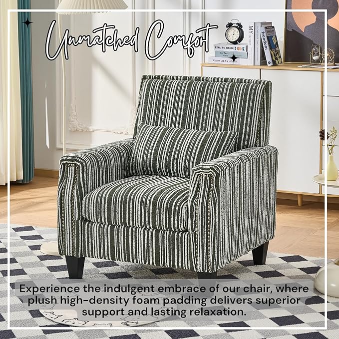 Stripes Accent Chair Modern Upholstered Boucle Fabric Armchair Single Sofa with Wood Legs for Living Room Patio Green Stripes.