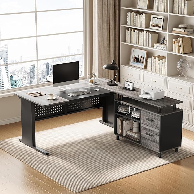 LITTLE TREE Large Computer Desk with File Cabinet 63 Inch Executive Desk L Shaped Office Desk with Drawers and Storage Shelves Business Furniture Desk Workstation for Home Office