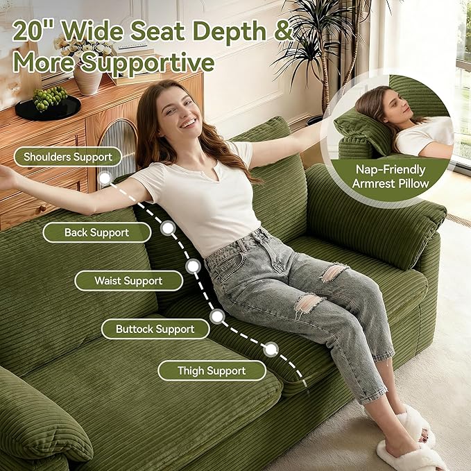 86 Loveseat Sofa Green Corduroy CouchModern Cloud Sofa Love Seat Deep Seat Slipcovered Sofa with 2 Wide Armrest Pillows for Small Spaces Apartment Studio Office Bedroom Living Room