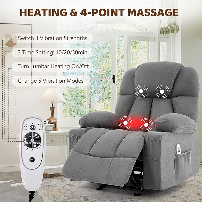 Massage Rocker Recliner Chair Ergonomic Rocking Recliner Sofa with Vibration Massage &amp Heat Reclining Fabric Nursery Chair for Living Room Lounge with 4 Pockets 2 Cup Holders Grey