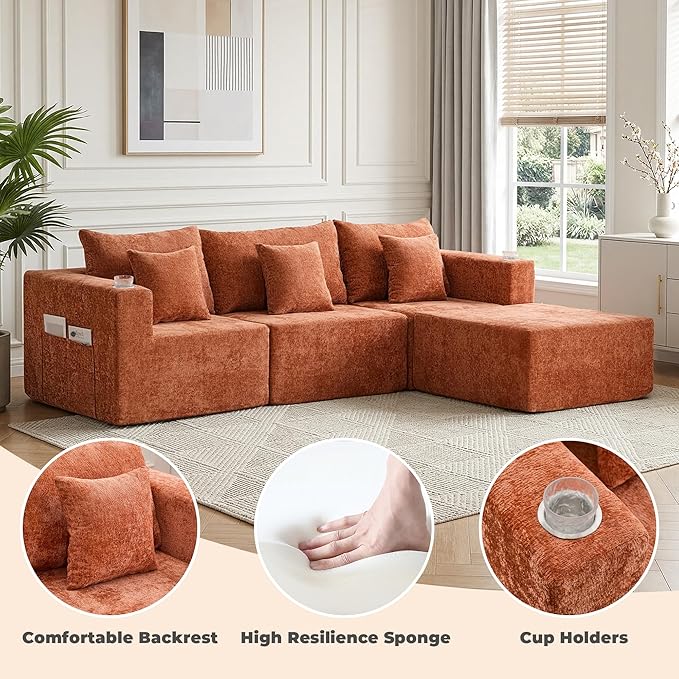 WELAX 104 Modular Sectional Couches for Living Room Boneless Couch L-Shape with Cup Holders &amp Pillows Modern Chenille Cloud Sofa 4 Seater Home Comfy Sofas for Bedroom Orange