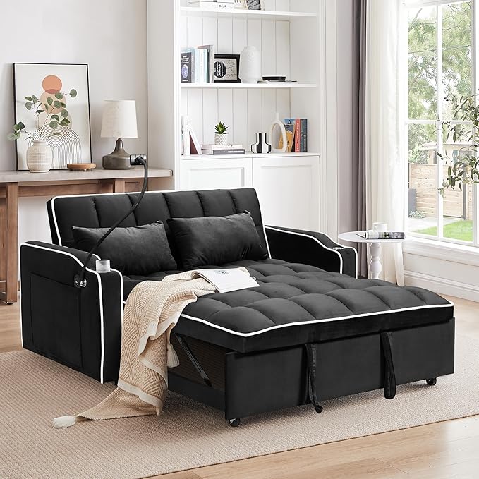 TTK 3-in-1 Convertible Velvet Sleeper Sofa Bed Pull-Out Loveseat with Adjustable Backrest USB Port &amp 2 Pillows Swivel Phone Stand &amp Storage Pockets Modern Futon Couch for Living Room Blac