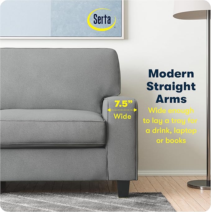 Serta Palisades 78 Track Arm Sofa Easy Care Polyester Soft Pillow Back Pocket Coil Seat Cushions Removable Covers Loveseat or Couch for Small Spaces Living Rooms or Bedrooms Glacial Gray