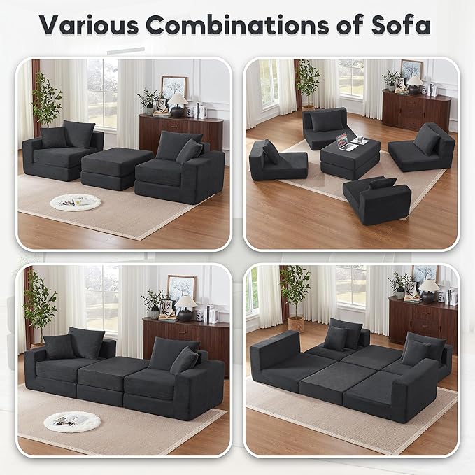 L-Shaped Modular Sofa Bed with Ottoman Corduroy Folding Floor Convertible Sofa Couch Bed Boneless Combination Design Loveseat Sleeper Couch for Living Room Grey
