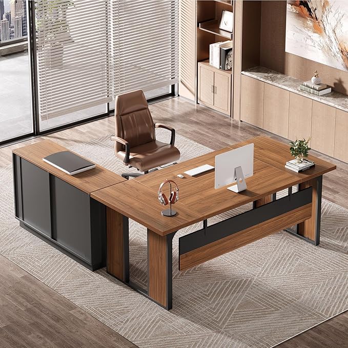 Tribesigns 63‘’ L-Shaped Executive Desk Office Table with 39.37-Inch Drawers Cabinet Large Computer Desk with Storage Shelves Business Furniture Set for Home Office Brown &amp Black