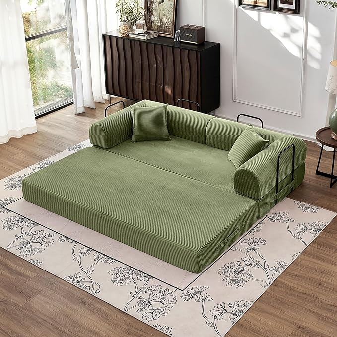 79 5-in-1 Convertible Sofa Bed Luxe Comfort Sleeper with Sturdy Frame No Assembly Corduroy Couch for Living Room Apartment &amp Relaxation Light Green