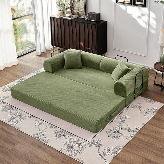 79 5-in-1 Convertible Sofa Bed Luxe Comfort Sleeper with Sturdy Frame No Assembly Corduroy Couch for Living Room Apartment &amp Relaxation Light Green