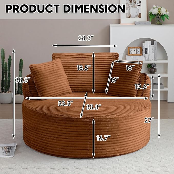 Oversized Round Chair Lounge Chaise Indoor 53.5 Corduroy Boneless Round Chair Fluffy Single Deep Seat Cloud Sofa Chairs Modern Circle Chaise Lounge for Bedroom Living Room Orange