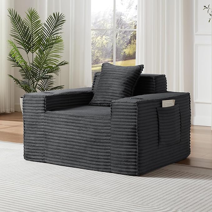 Oversized Cloud Sofa 43'' Upholstered Corduroy Accent Chairs Boneless Floor Couch with Pillow &amp Armrests Comfy Lounge Reading Chair Living Room Chair No Assembly (Dark Gray)