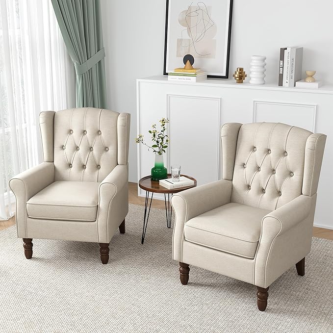 High Back Accent Chairs Set of 2 High Wingback Chair for Living Room Button-Tufted Upholstered Fabric Armchair with Solid Wood Legs Comfy Single Sofa Reading Chair for Bedroom Beige