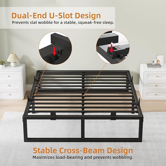 Queen Bed Frame 14 Inch Metal Platform Bed Frames with Squeak Free U-Slot Design 6 Non-Slip Guards 3500lbs Heavy Duty Steel Slat Support No Box Spring Needed Under Bed Storage Black