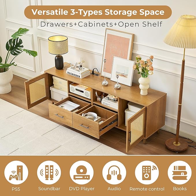 TV Stand for 70 Inch TV 63 Modern Entertainment Center with LED Light &amp Storage Shelves 2 Drawers and Cabinets Boho TV Stand with Outlet for Living Room (Oak)