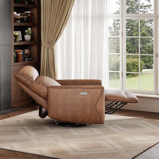 GAOMON Power Recliner Chair Swivel Glider Faux Leather Upholstered Nursery Rocker Reclining Sofa Chair with Charging Port Curved Armrests &amp Padded Backrest for Living Room and Bedroom (Light Brow