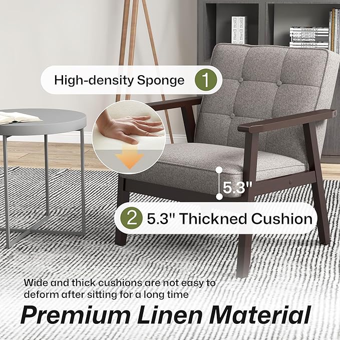 Modern Accent Chair with Arm Rest Upholstered Linen Fabric Leisure Chair Comfy Side Chair with Backrest Button and Wooden Frame for Living Room Bedroom Reading(Gray)