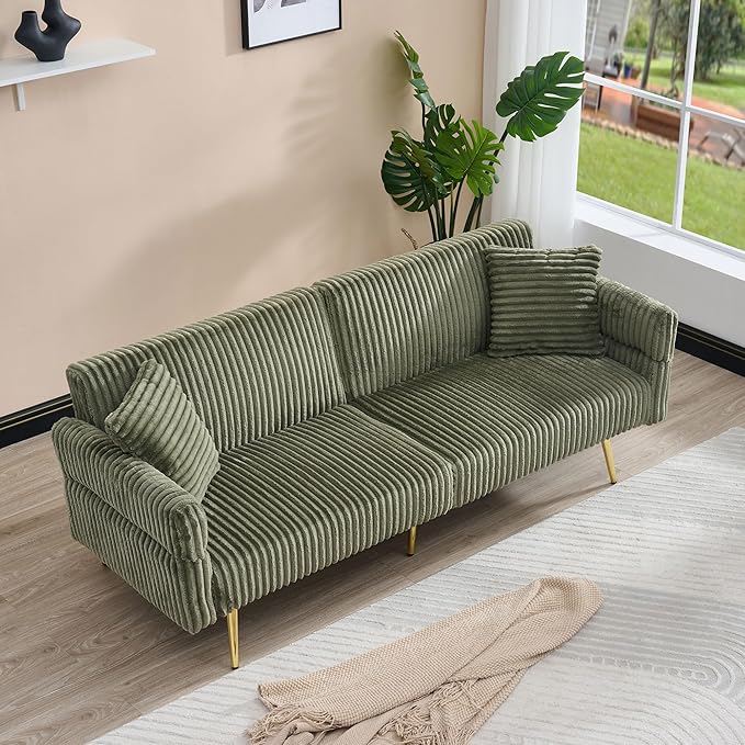 73 Convertible Futon Sofa BedComfy Teddy Fabric Sleeper Couch with 3 Reclining BackrestsGolden Chrome LegsModern Cloud Sofa Loveseat for Small Living Room Office (Green-Corduroy)
