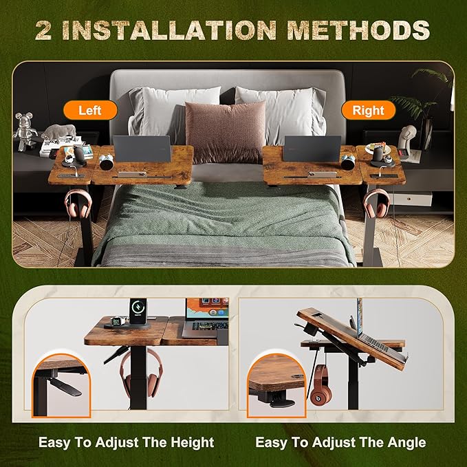 Standing Desk Medical Overbed Table with Rolling Tray and Power Outlet Dual Pneumatic Angel and Height Adjustable Desk Portable Side Table with Drawer for Home &amp Hospital Rustic Brown