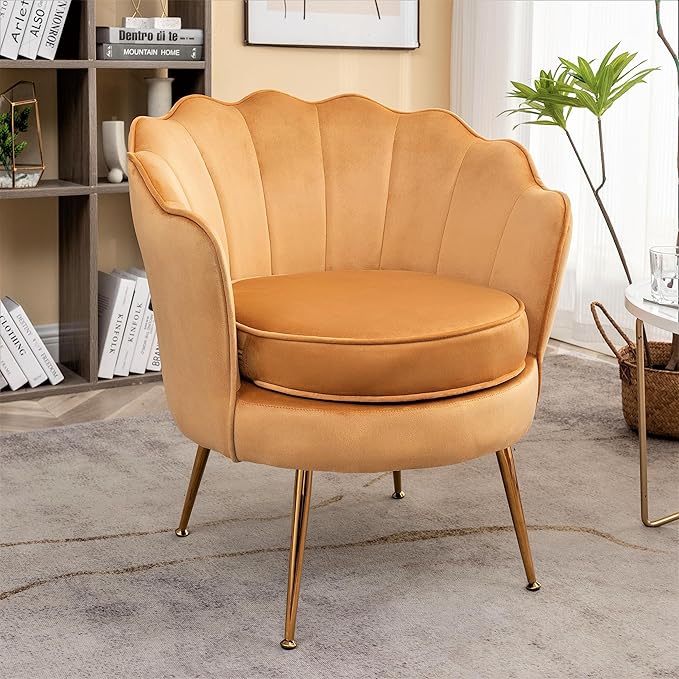 Velvet Barrel Accent Chair with Scalloped Silhouette and Gold Metal Legs Decorative Piece Suitable for Traditional Modern and Contemporary Spaces Mustard Yellow