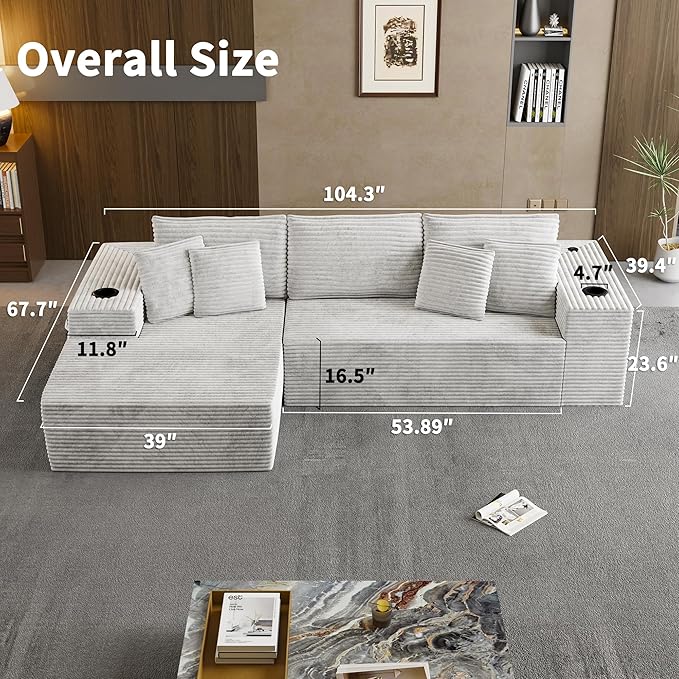 104.3 Modular Sectional Sofa Beige Boneless Couch Left Chaise L Shaped Couch with USB Ports 2 Cup Holders 2 Side Storage Bags &amp Lint Remover No Assembly Sectional Couches for Living Room