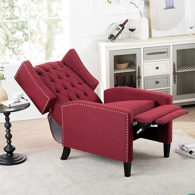 GDFStudio Upholstered Manual Wingback Recliner Chair Mid Century Modern Comfortable Chair Couches with Button Tufted Back &amp Footrest Lounge Armchair Accent Easy Couches for Living Room Wine Red