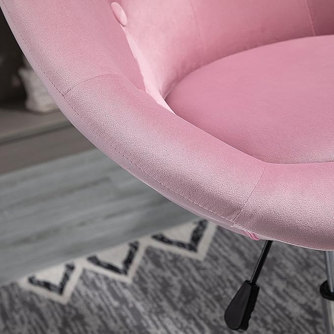 HOMCOM Modern Makeup Vanity Chair Round Tufted Swivel Accent Chair with Chrome Frame Height Adjustable for Living Room Bedroom Pink