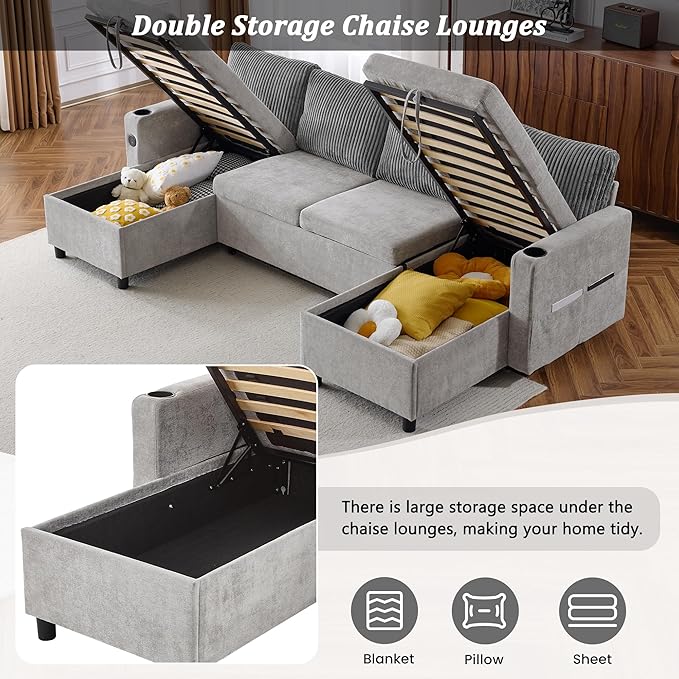 Merax Pull-Out Sofa Bed Sleeper Pull Out Sectional Couch with Storage USB Cup Holder for Living Room Apartment Gray