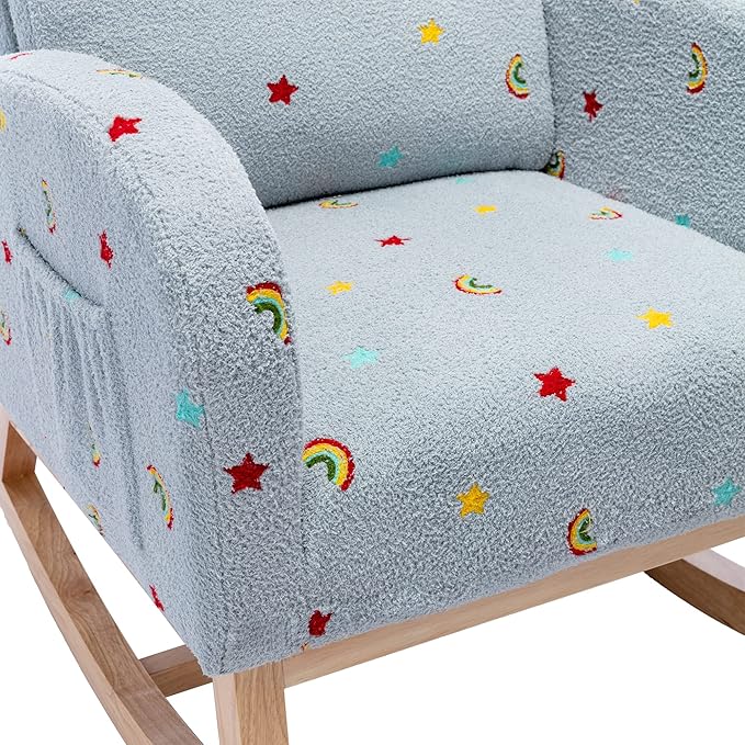 Nursery Chair 26.8 W Modern Rocking Chair for Nursery Mid Century Accent Rocker Armchair with Side Pocket Upholstered High Back Wooden Rocking Chair (Blue Boucle)