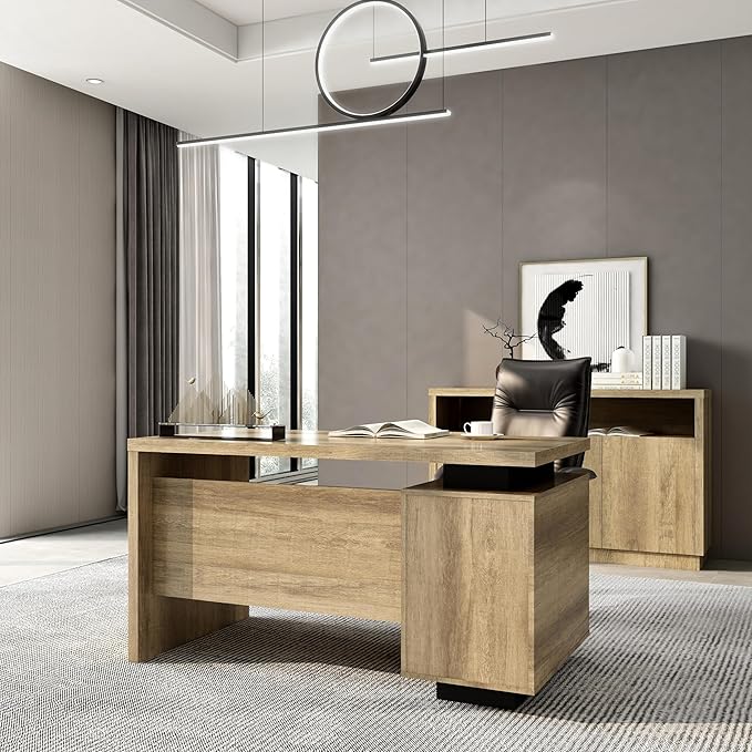 Modern Wooden Executive Desk with File Cabinet Sleek Office Standing Desk for Home and Business Home Office Table with 3 Drawers Walnut