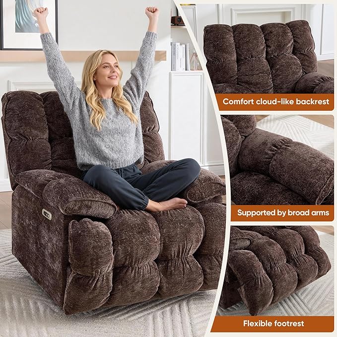 Oversized Swivel Power Rocker ReclinerElectric Recliner Chairs for AdultsExtra Wide Seat ReclinersUpholstered Nursery Reclining Glider ChairSwivel Chairs for Living RoomBrown