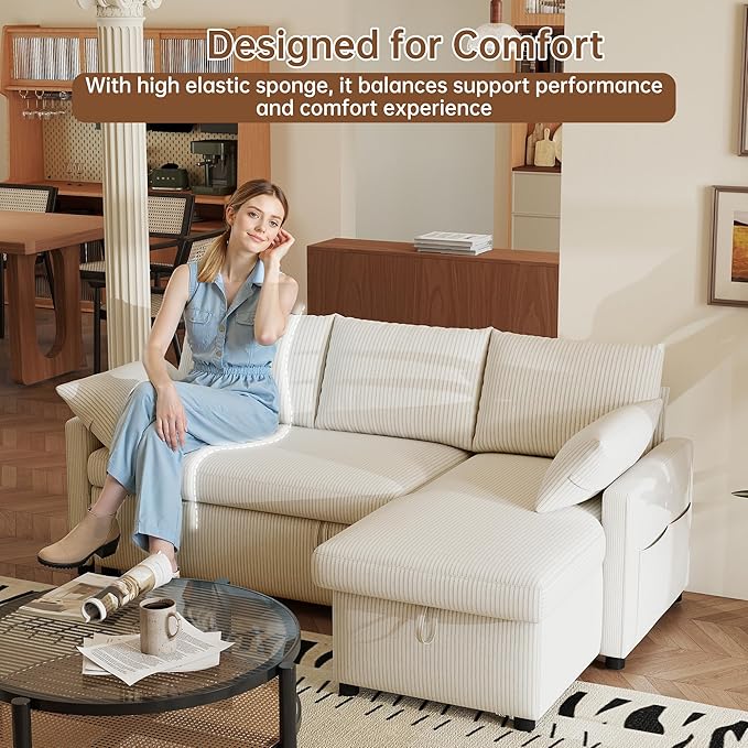 Sofa Bed 80'' L Shape Corduroy Sleeper Sofa Couch with Pullout Bed and Storage Chaise for Living Room Apartment and Sunroom Beige