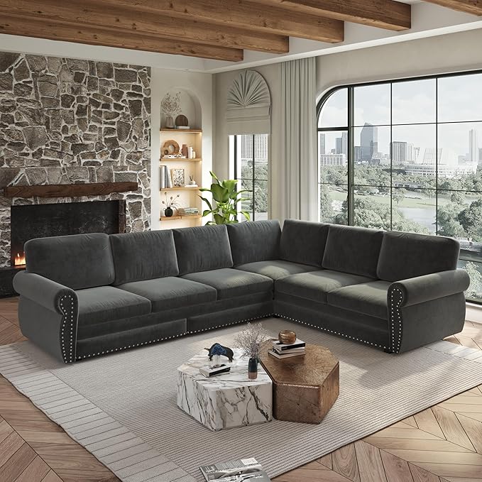 118 Sleeper Sofa Bed Sectional Couches for Living Room/Apartment Chenille L Shaped Couch with Pull Out Couch Bed Convertible Sectional Sofa with Rolled Arm &amp Nailhead Trim Dark Grey