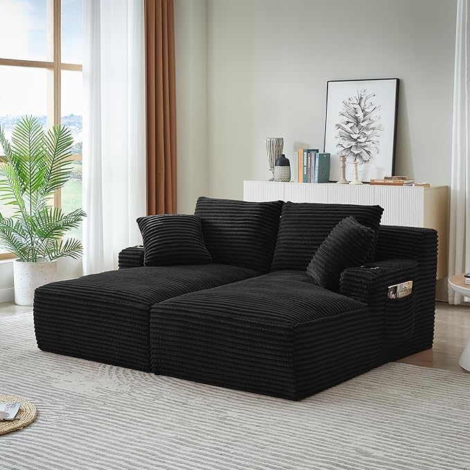 KEIKI Compressible Double Chaise Lounge with Cupholders Fluffy Corduroy Sleeper Loveseat for Living Room Relaxation Boneless Chaise Lounge Indoor with Spring Padding No Assembly Required