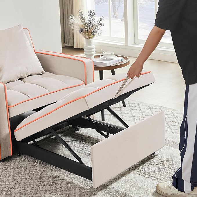 3-in-1 Velvet Chair-bed Adjustable Backrest Pull-out Chaise Lounger Tufted Cushioning Side Organizer Pocket Space-saving Convertible Seating for Living Room Apartment Guestroom Office (White)