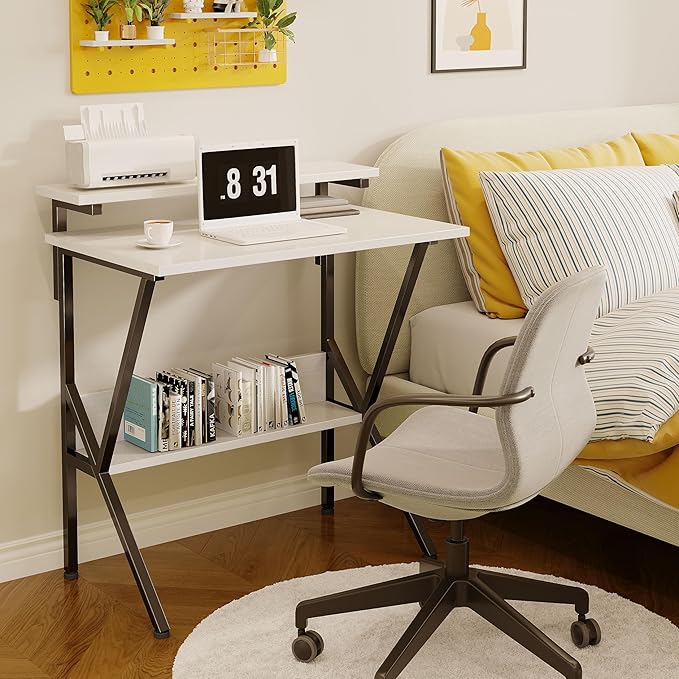 COTUBLR Small Desk Small Computer Desk for Spaces 27.5 Inch Computer Desk with Adjustable Monitor Stand Compact Desk with Storage for Bedroom Home Office White Tabletop+Black Frame
