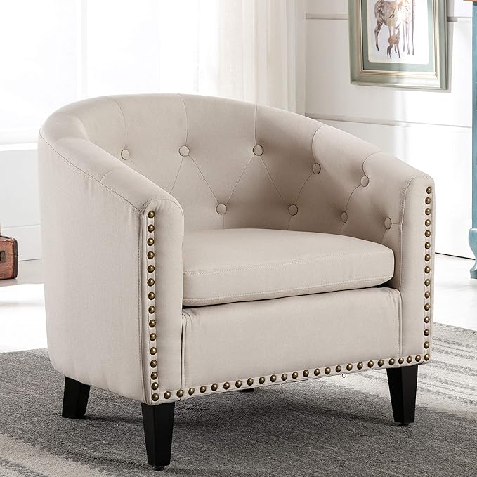 Linen Fabric Tufted Barrel ChairTub Chair for Living Room Bedroom Club Chairs