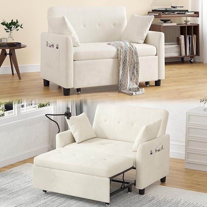 Modern 3-in-1 Convertible Sleeper Sofa Couch 46 Velvet Compact Loveseat with Built-in Phone Holder &amp Pillow Space Saving Pull Out Bed for Home Living Room Grey