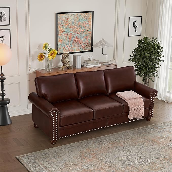 Harper &amp Bright Designs 3-Seat Sofa Couch Faux Leather Upholstered Couch with Storage Space Wood Legs Nails Decoration Modern Sofa Couch for Living Room Bedroom (Burgundy)