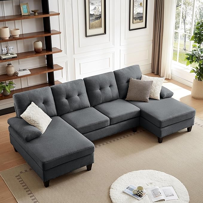 111 Sectional Couch for Living Room Modern Polyester Fibre U Shaped Sofa Couches with Double Chaise Upholstered 4 Seater Sofa for Living Room Apartment Office Dark Grey